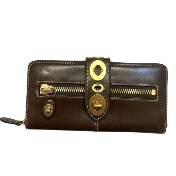 COACH Limited ED LILY LEGACY Brown LEATHER TURNLOCK ZIP CLUTCH PURSE WALLET - Picture 1 of 8